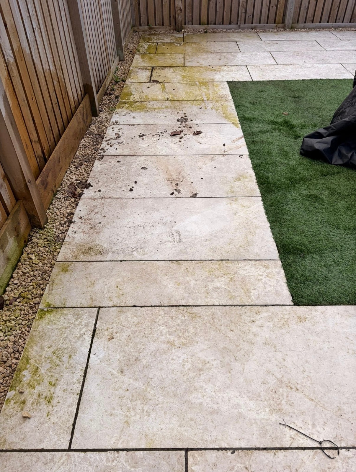 Before patio power washing in Paisley - mossy stone slabs