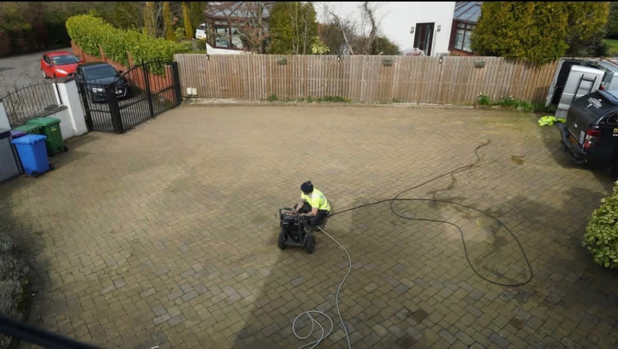 Before driveway power washing in Glasgow - dirty block paving