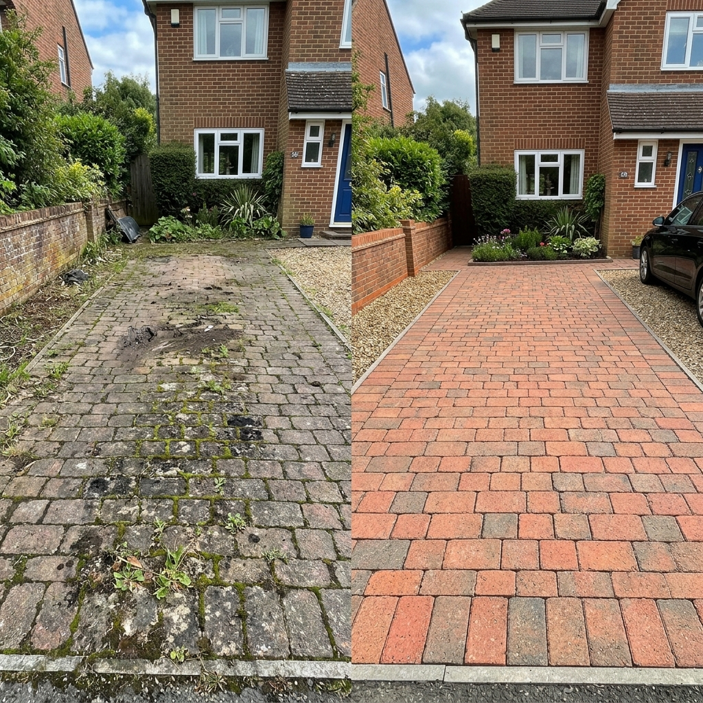 Before and after driveway cleaning in Paisley - moss and grime removal