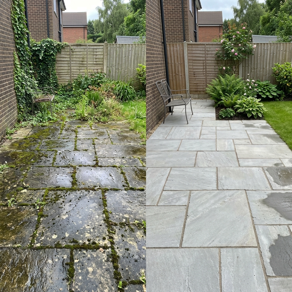 Before and after power washing in Stirling — driveway and patio cleaning
