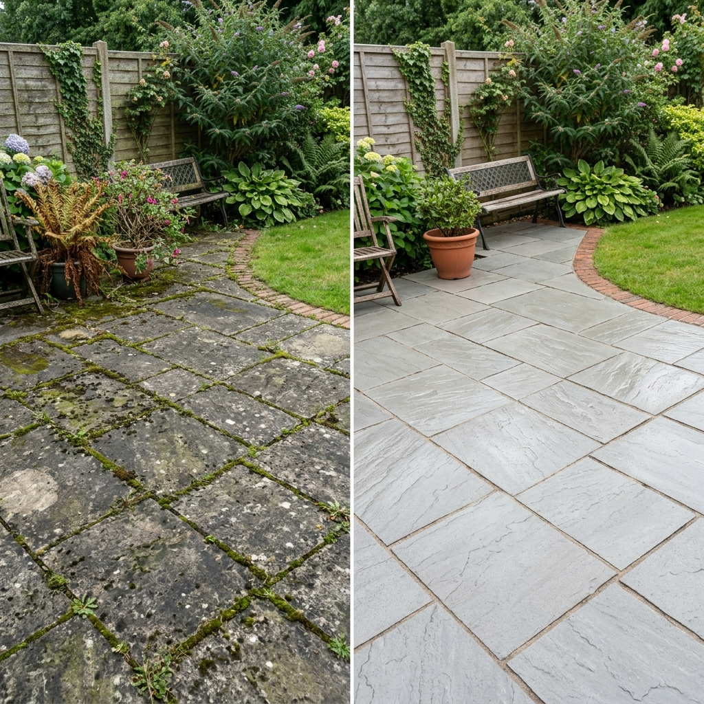 Before and after patio power washing in East Kilbride - block paving restored